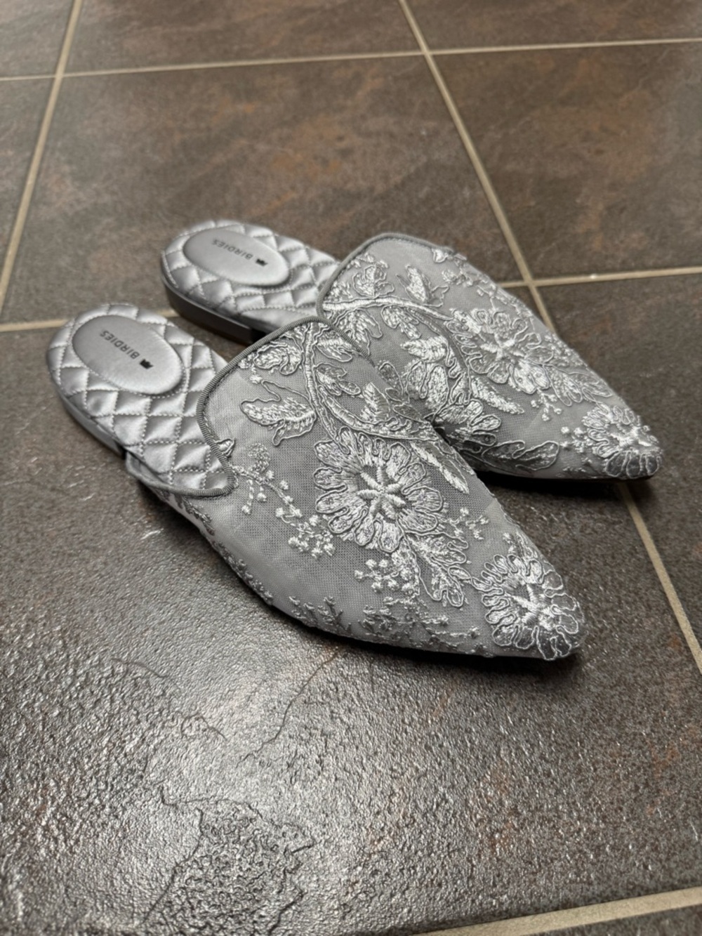 Birdies Dove Embroidered Flower Floral Lace Mules Slip On Shoes Gray Silver 9 - Picture 12 of 13